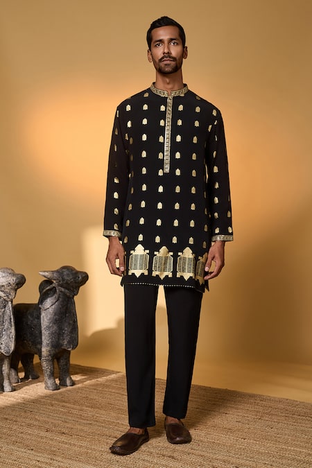 Buy_Masaba_Black Crepe, Silk Foil Printing Turtle Tale Chanderi Kurta And Pant Set _Online_at_Aza_Fashions