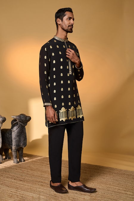 Shop_Masaba_Black Crepe, Silk Foil Printing Turtle Tale Chanderi Kurta And Pant Set _Online_at_Aza_Fashions