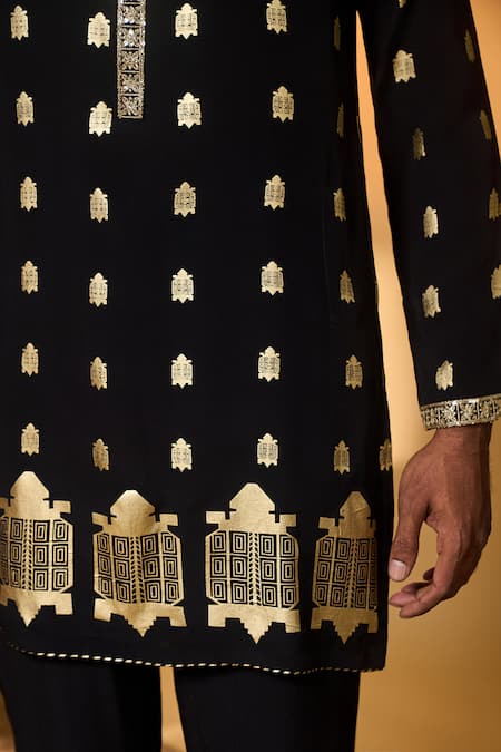 Masaba_Black Crepe, Silk Foil Printing Turtle Tale Chanderi Kurta And Pant Set _at_Aza_Fashions