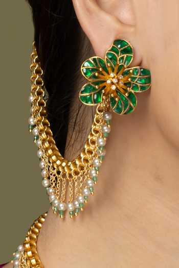 Joules by Radhika_Green Pearls, Chains Emerald Bloom Changeable Kaan Earrings _Online_at_Aza_Fashions