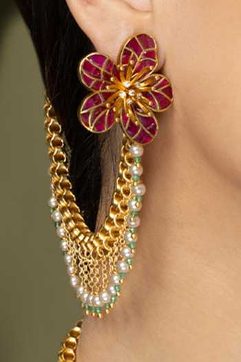 Joules by Radhika_White Beads, Pearls, Stones, Chains Blossoms Kaan Earrings _Online_at_Aza_Fashions