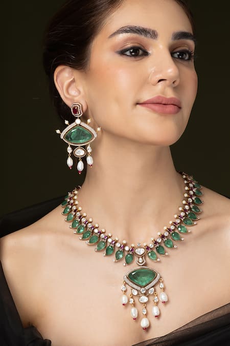 Joules by Radhika Emerald Ruby Embellished Pendant Necklace Set 