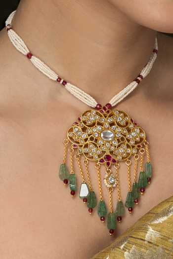 Joules by Radhika_Multi Color Beads, Pearls, Stones Polki Embellished Necklace Set _Online_at_Aza_Fashions