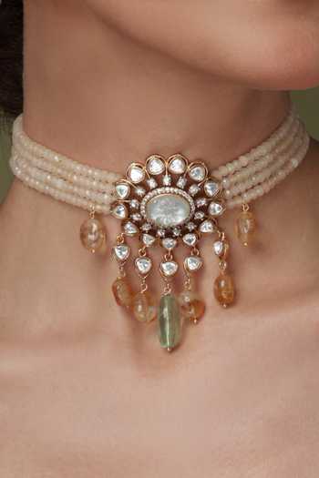 Joules by Radhika_Ivory Beads, Pearls, Stones Multi-strand And Citrine Necklace Set _Online_at_Aza_Fashions