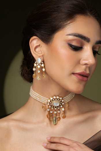 Joules by Radhika_Ivory Beads, Pearls, Stones Multi-strand And Citrine Necklace Set _at_Aza_Fashions