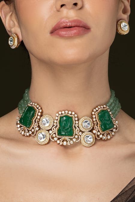 Joules by Radhika Bead & Carved Green Stone Necklace Set 