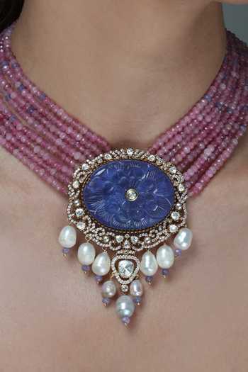 Joules by Radhika_Pink Beads, Pearls, Stones And Lapis Lazuli Pendant Necklace Set _Online_at_Aza_Fashions