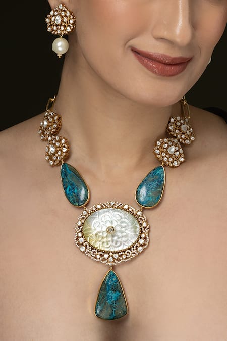 Joules by Radhika Carved Stone Long Necklace Set