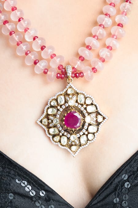 Buy_Joules by Radhika_Pink Beads, Stones Blushing Bloom Necklace Set _Online_at_Aza_Fashions
