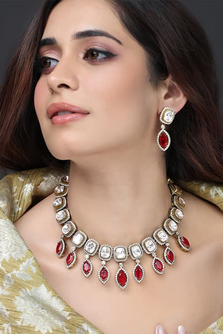 Joules by Radhika Ruby Teardrop Halo Necklace Set 