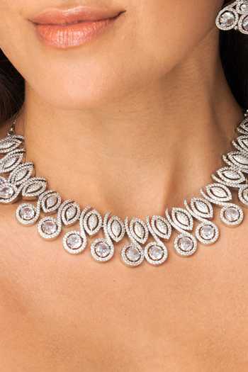 Joules by Radhika_Silver Plated Stones Radiant Pave Petal Necklace Set _Online_at_Aza_Fashions