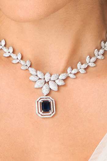 Joules by Radhika_White Stones, Crystals Sapphire Vine Pendant Necklace Set_Online_at_Aza_Fashions