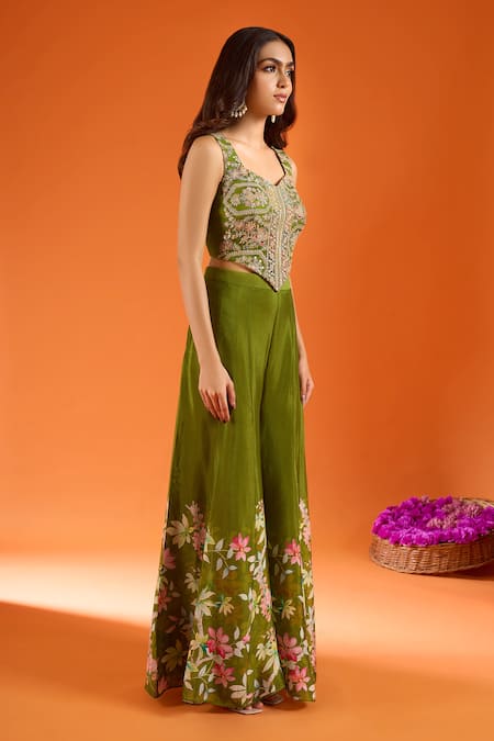 Shop_Samyukta Singhania_Green Silk, Viscose, Net Embroidery, Stones, Mirrors Hand Work Top Palazzo Set _Online_at_Aza_Fashions