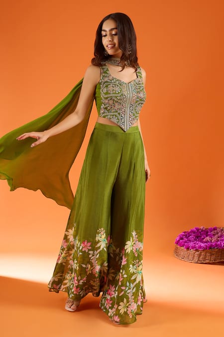 Buy_Samyukta Singhania_Green Silk, Viscose, Net Embroidery, Stones, Mirrors Hand Work Top Palazzo Set 