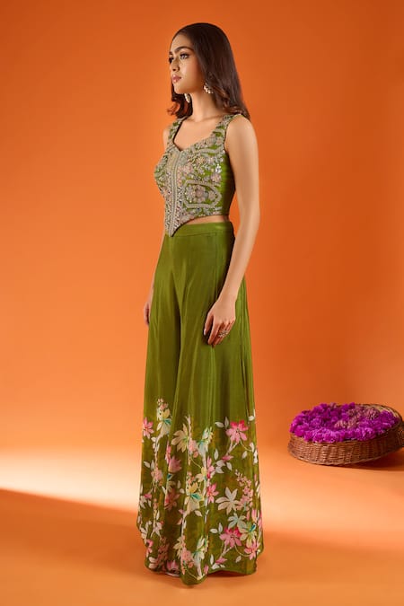 Shop_Samyukta Singhania_Green Silk, Viscose, Net Embroidery, Stones, Mirrors Hand Work Top Palazzo Set 