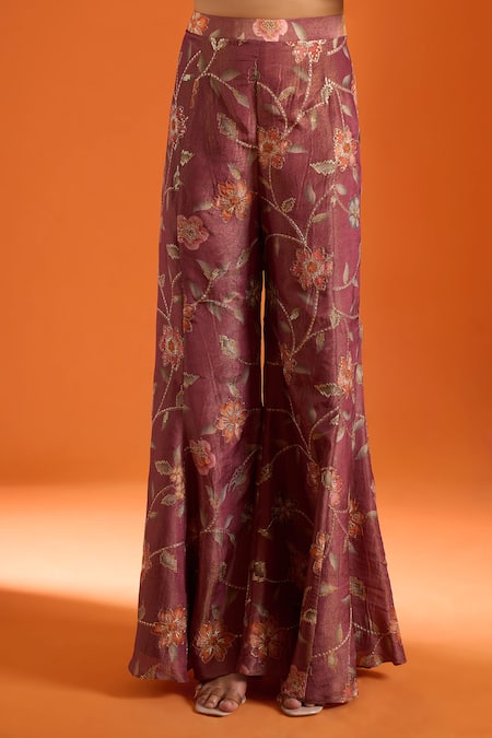 Buy_Samyukta Singhania_Purple Tissue Embroidery, Zari V-neck Floral Top And Palazzo Set _Online_at_Aza_Fashions