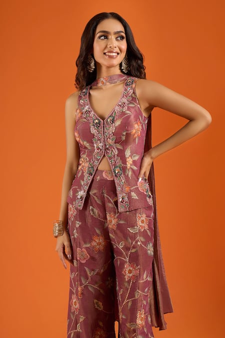 Shop_Samyukta Singhania_Purple Tissue Embroidery, Zari V-neck Floral Top And Palazzo Set _Online_at_Aza_Fashions