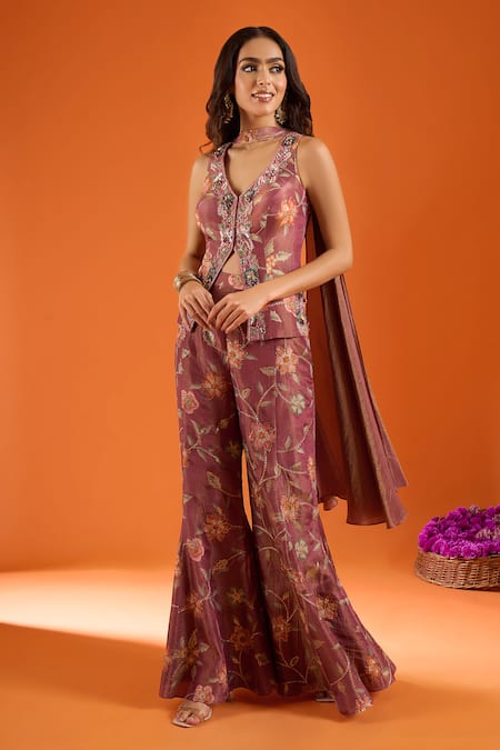 Samyukta Singhania Floral Embroidered Top & Palazzo Set 