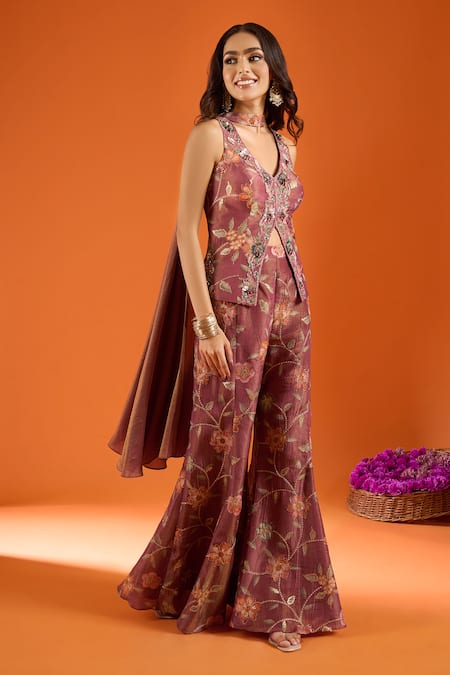 Shop_Samyukta Singhania_Purple Tissue Embroidery, Zari V-neck Floral Top And Palazzo Set 