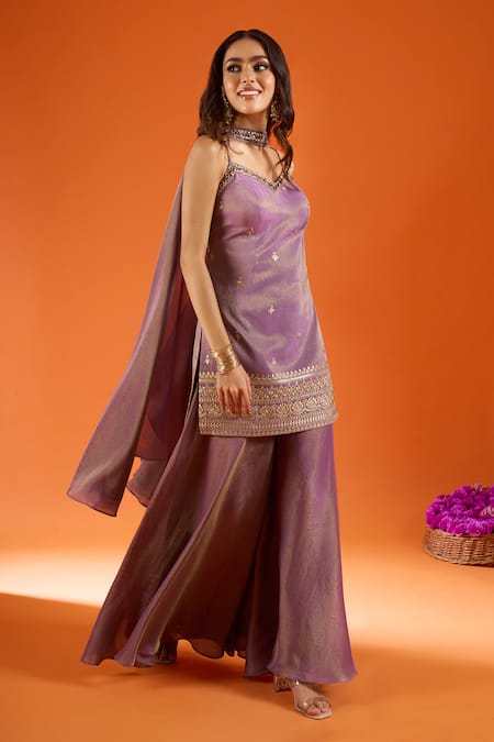 Buy Samyukta Singhania Purple Tissue, Organza Embroidery, Zari Sweetheart Neck Kurta Sharara Set Online at Aza Fashions Buy_Samyukta Singhania_Purple Tissue, Organza Embroidery, Zari Sweetheart Neck Kurta Sharara Set _Online_at_Aza_Fashions
