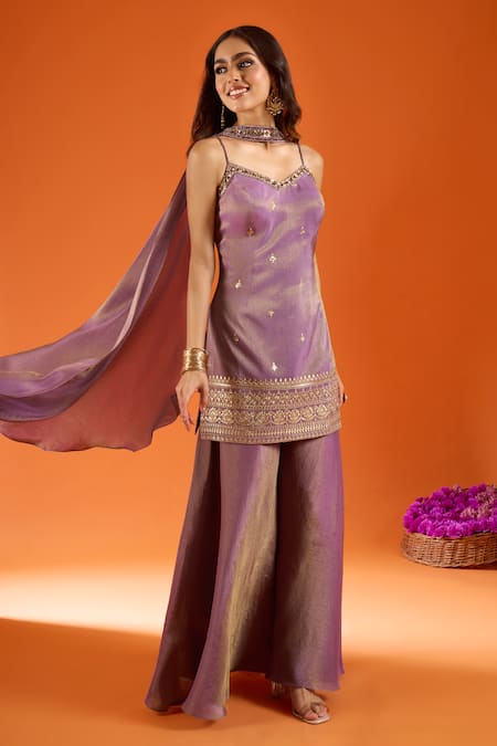 Shop Samyukta Singhania Purple Tissue, Organza Embroidery, Zari Sweetheart Neck Kurta Sharara Set Shop_Samyukta Singhania_Purple Tissue, Organza Embroidery, Zari Sweetheart Neck Kurta Sharara Set