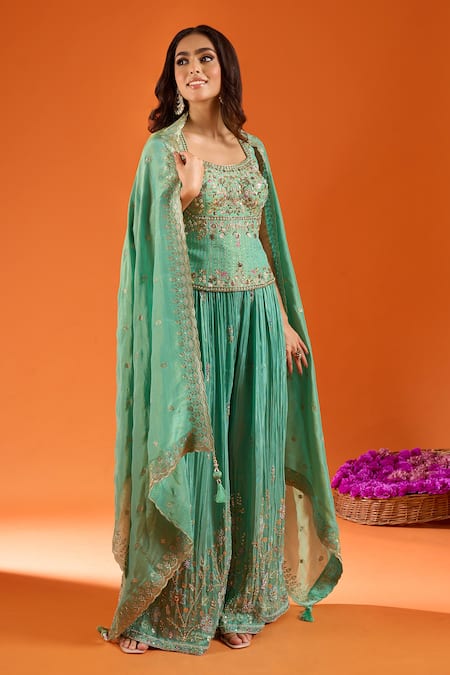 Buy_Samyukta Singhania_Green Viscose Georgette Embroidery Scoop Neck Lehenga Set _Online_at_Aza_Fashions