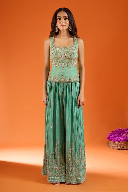 Shop_Samyukta Singhania_Green Viscose Georgette Embroidery Scoop Neck Lehenga Set _Online_at_Aza_Fashions