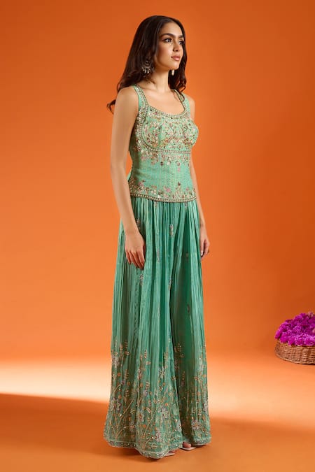 Shop_Samyukta Singhania_Green Viscose Georgette Embroidery Scoop Neck Lehenga Set 