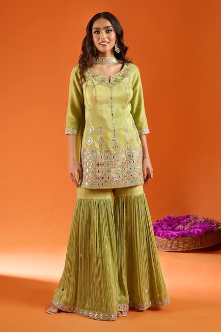 Samyukta Singhania Green Silk, Organza Embroidery, Mirrors Keyhole Neck, Yes Kurta Gharara Set at Aza Fashions Samyukta Singhania_Green Silk, Organza Embroidery, Mirrors Keyhole Neck, Yes Kurta Gharara Set _at_Aza_Fashions