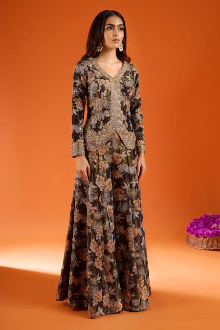 Shop_Samyukta Singhania_Black Silk Zari, Stones V-neck Embroidered Kurta Palazzo Set _Online_at_Aza_Fashions