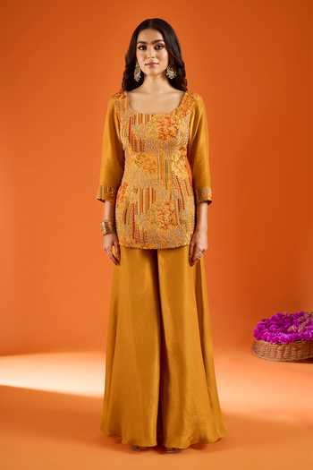 Buy_Samyukta Singhania_Yellow Silk Embroidery Square Neck Kurta Sharara Set _Online_at_Aza_Fashions