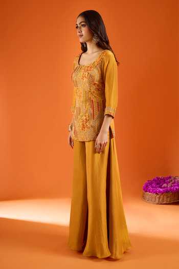Shop_Samyukta Singhania_Yellow Silk Embroidery Square Neck Kurta Sharara Set _Online_at_Aza_Fashions