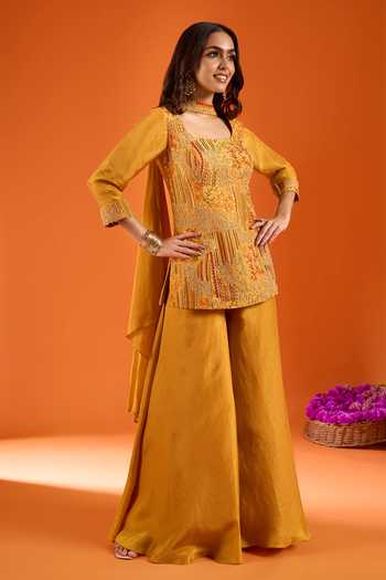 Buy_Samyukta Singhania_Yellow Silk Embroidery Square Neck Kurta Sharara Set 