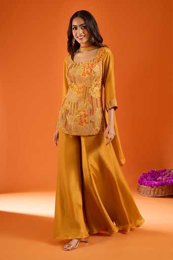 Shop_Samyukta Singhania_Yellow Silk Embroidery Square Neck Kurta Sharara Set 