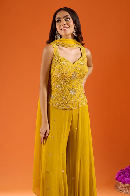 Buy_Samyukta Singhania_Yellow Silk Sequins, Zari, Stones, Tassels Embroidered Kurta Sharara Set _Online_at_Aza_Fashions
