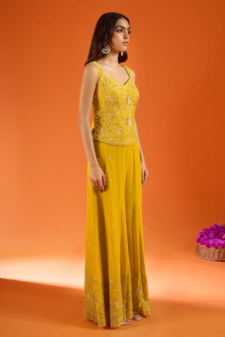 Shop_Samyukta Singhania_Yellow Silk Sequins, Zari, Stones, Tassels Embroidered Kurta Sharara Set _Online_at_Aza_Fashions