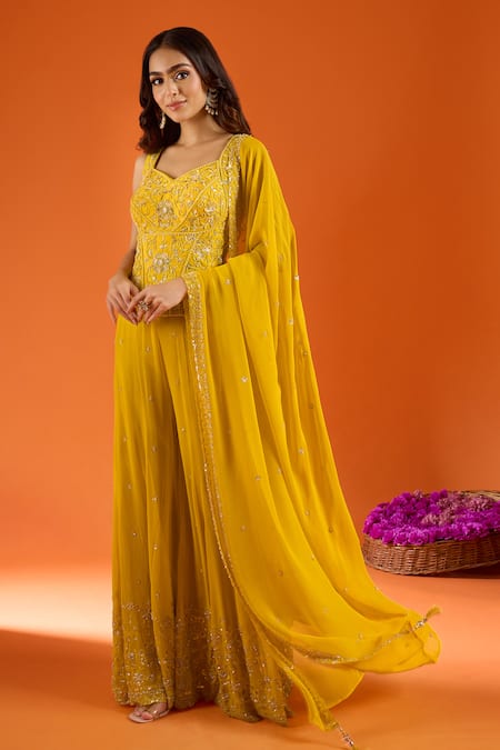 Samyukta Singhania_Yellow Silk Sequins, Zari, Stones, Tassels Embroidered Kurta Sharara Set _at_Aza_Fashions