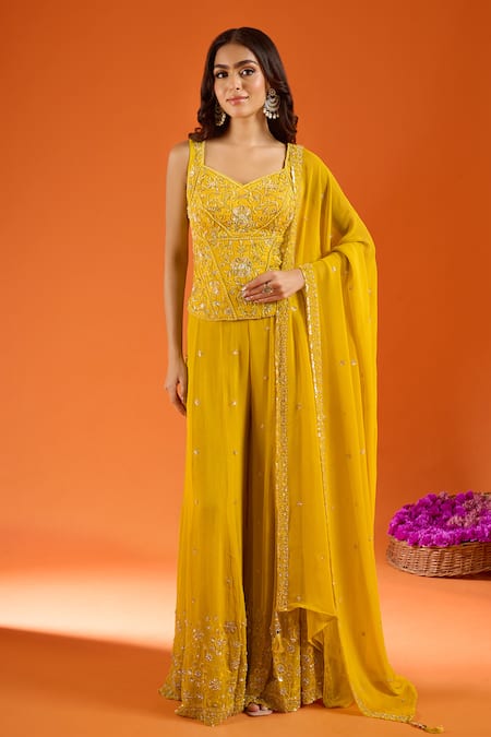 Shop_Samyukta Singhania_Yellow Silk Sequins, Zari, Stones, Tassels Embroidered Kurta Sharara Set 