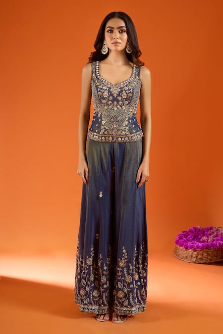 Shop Samyukta Singhania Blue Silk Zari V-, Sweetheart Embroidered Kurta Sharara Set Online at Aza Fashions Shop_Samyukta Singhania_Blue Silk Zari V-, Sweetheart Embroidered Kurta Sharara Set _Online_at_Aza_Fashions