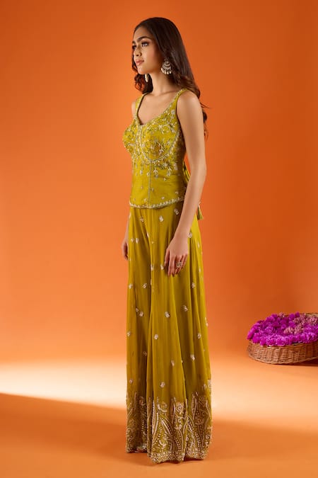 Shop Samyukta Singhania Green Silk Sequins, Zari Square Neck Embroidered Top Sharara Set Online at Aza Fashions Shop_Samyukta Singhania_Green Silk Sequins, Zari Square Neck Embroidered Top Sharara Set _Online_at_Aza_Fashions