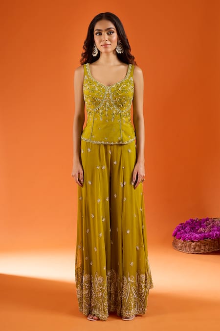 Buy Samyukta Singhania Green Silk Sequins, Zari Square Neck Embroidered Top Sharara Set Buy_Samyukta Singhania_Green Silk Sequins, Zari Square Neck Embroidered Top Sharara Set