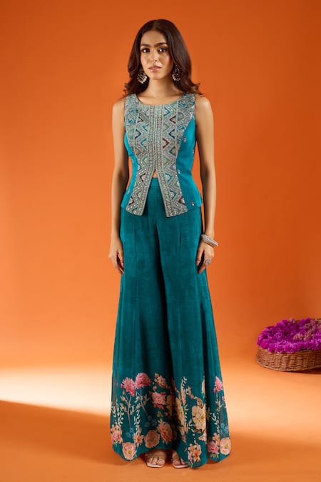 Buy Samyukta Singhania Green Silk Embroidery Round Neck Top Sharara Set Online at Aza Fashions Buy_Samyukta Singhania_Green Silk Embroidery Round Neck Top Sharara Set _Online_at_Aza_Fashions