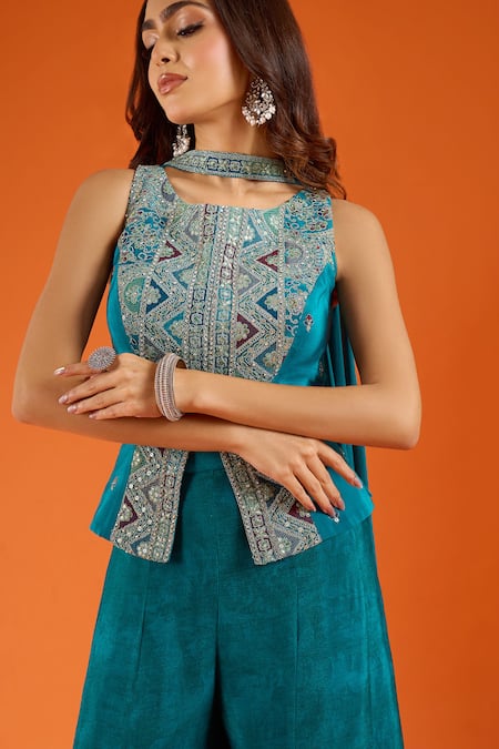 Shop Samyukta Singhania Green Silk Embroidery Round Neck Top Sharara Set Online at Aza Fashions Shop_Samyukta Singhania_Green Silk Embroidery Round Neck Top Sharara Set _Online_at_Aza_Fashions