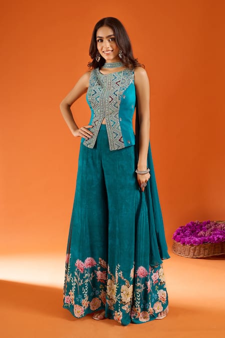 Buy Samyukta Singhania Green Silk Embroidery Round Neck Top Sharara Set Buy_Samyukta Singhania_Green Silk Embroidery Round Neck Top Sharara Set