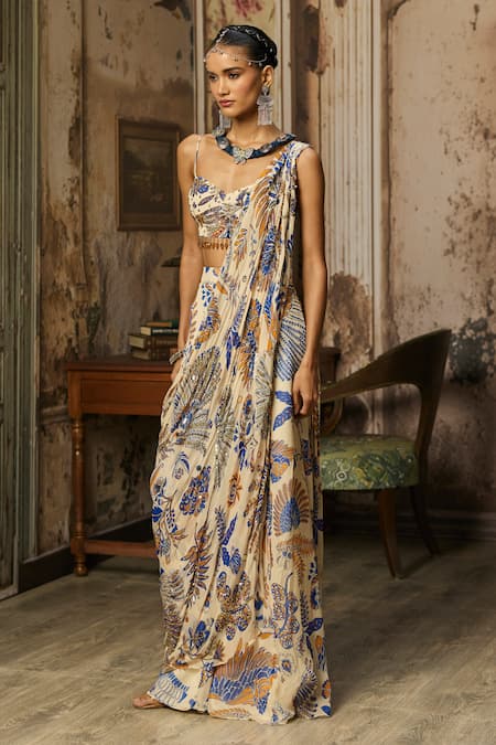 Diyarajvvir_Ivory Georgette, Crepe Tassels Printed Pre-draped Sharara Saree With Blouse _Online_at_Aza_Fashions