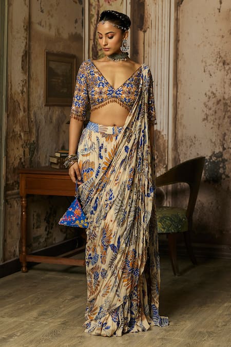Diyarajvvir Floral Print Draped Sharara Saree With Blouse 