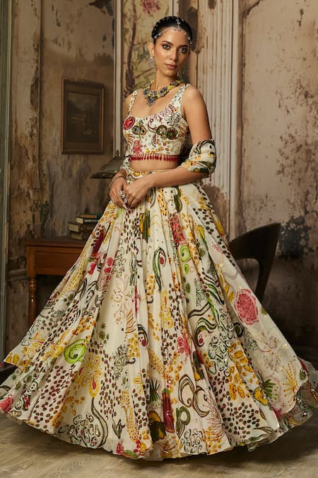 Buy_Diyarajvvir_Multi Color Crepe, Organza Tassels Scoop Neck Printed Lehenga Set _Online_at_Aza_Fashions