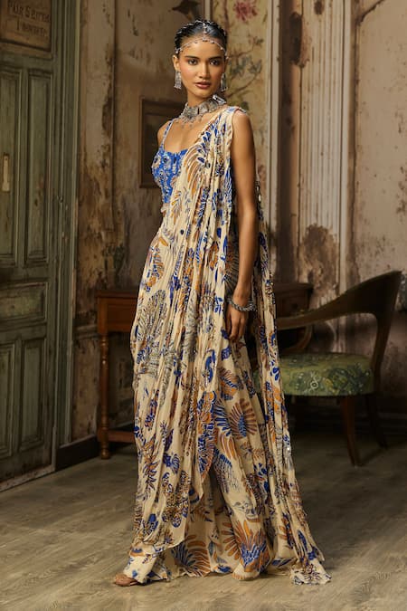 Diyarajvvir_Ivory Georgette, Crepe Tassels, Beads Printed Draped Sharara Saree With Blouse _Online_at_Aza_Fashions