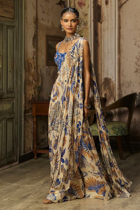 Buy_Diyarajvvir_Ivory Georgette, Crepe Tassels, Beads Printed Draped Sharara Saree With Blouse _Online_at_Aza_Fashions