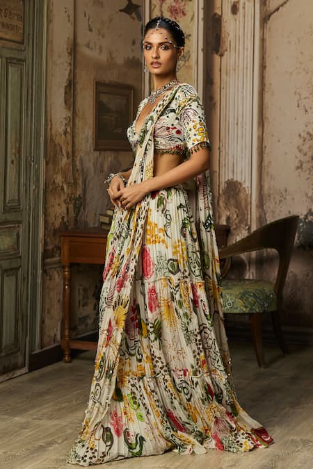 Diyarajvvir_Ivory Georgette, Crepe Beads, Tassels Printed Draped Sharara Saree With Blouse _Online_at_Aza_Fashions
